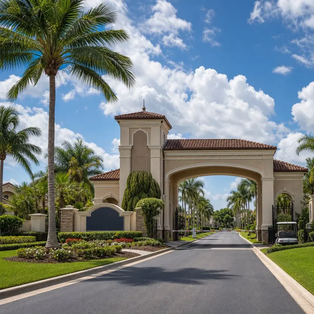 Fresh square editorial photo of a large Florida retirement community entry gate with ornate signage, palm trees, flat road, g