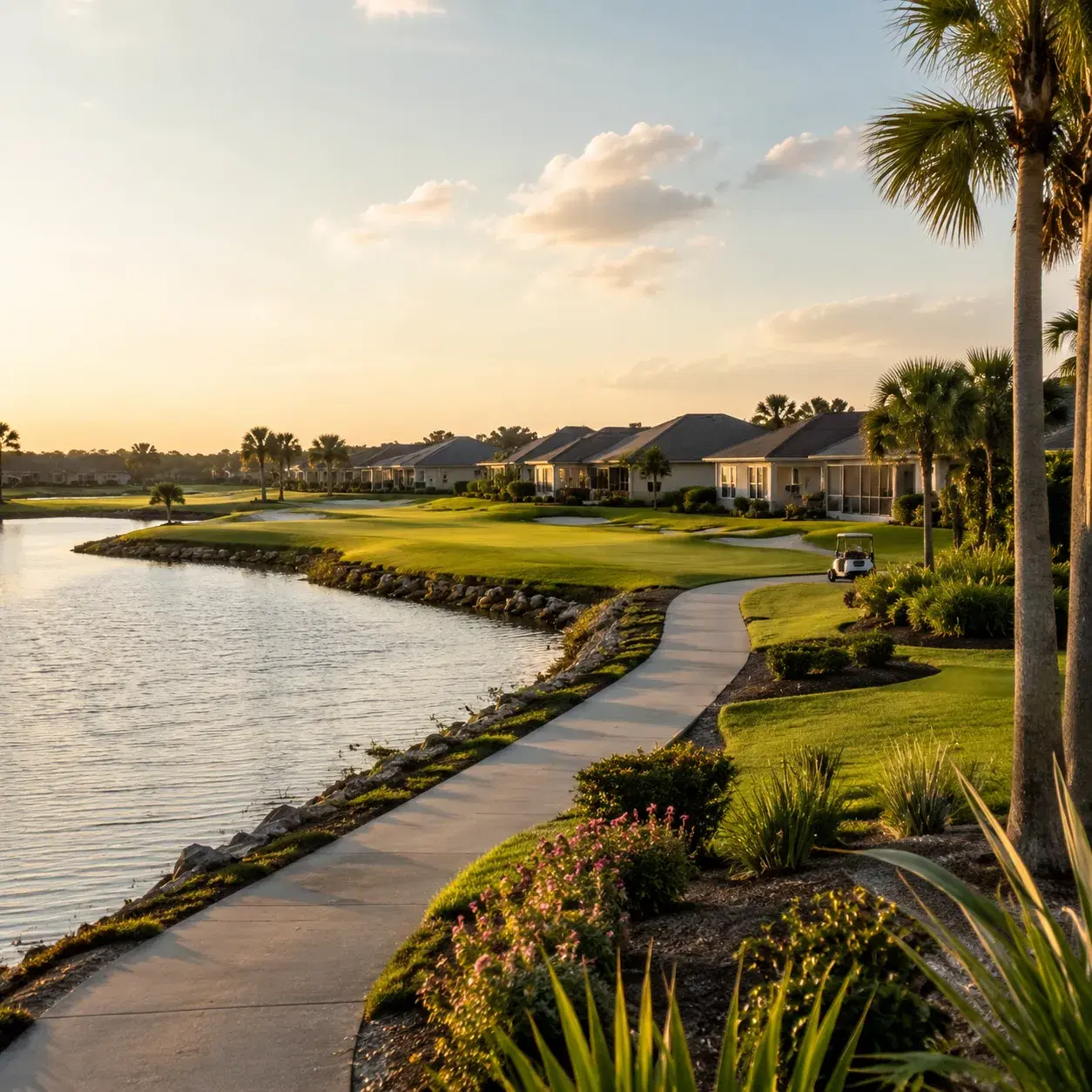 Realistic editorial photo of a Central Florida golf retirement community beside a lake with cart paths, low homes, and l
