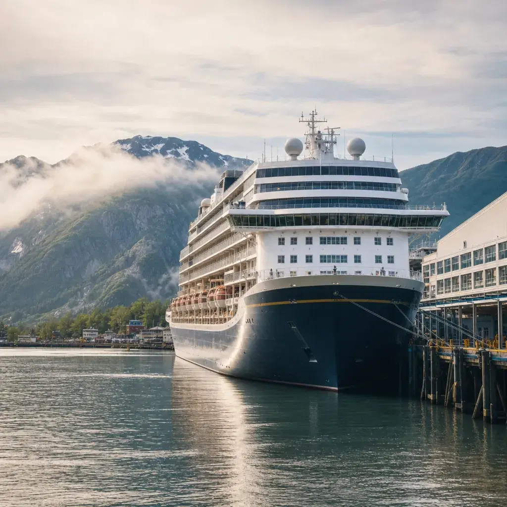 Realistic editorial photo of Alaska cruise scene showing port times when comparing prices, misty mountains and ship deta