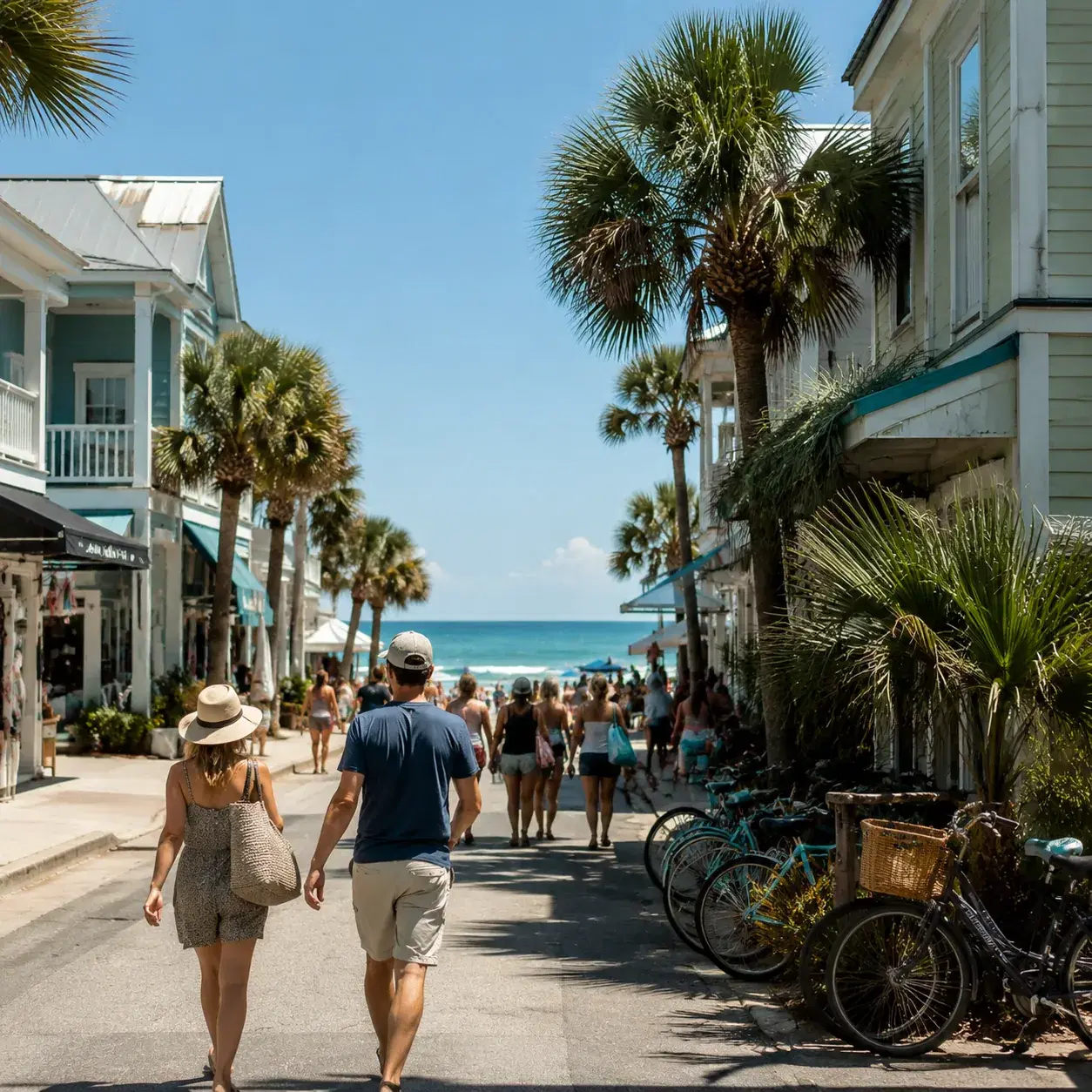 Realistic editorial photo of Florida beach vacation scene showing beach town without parking, bright coastal setting, wa