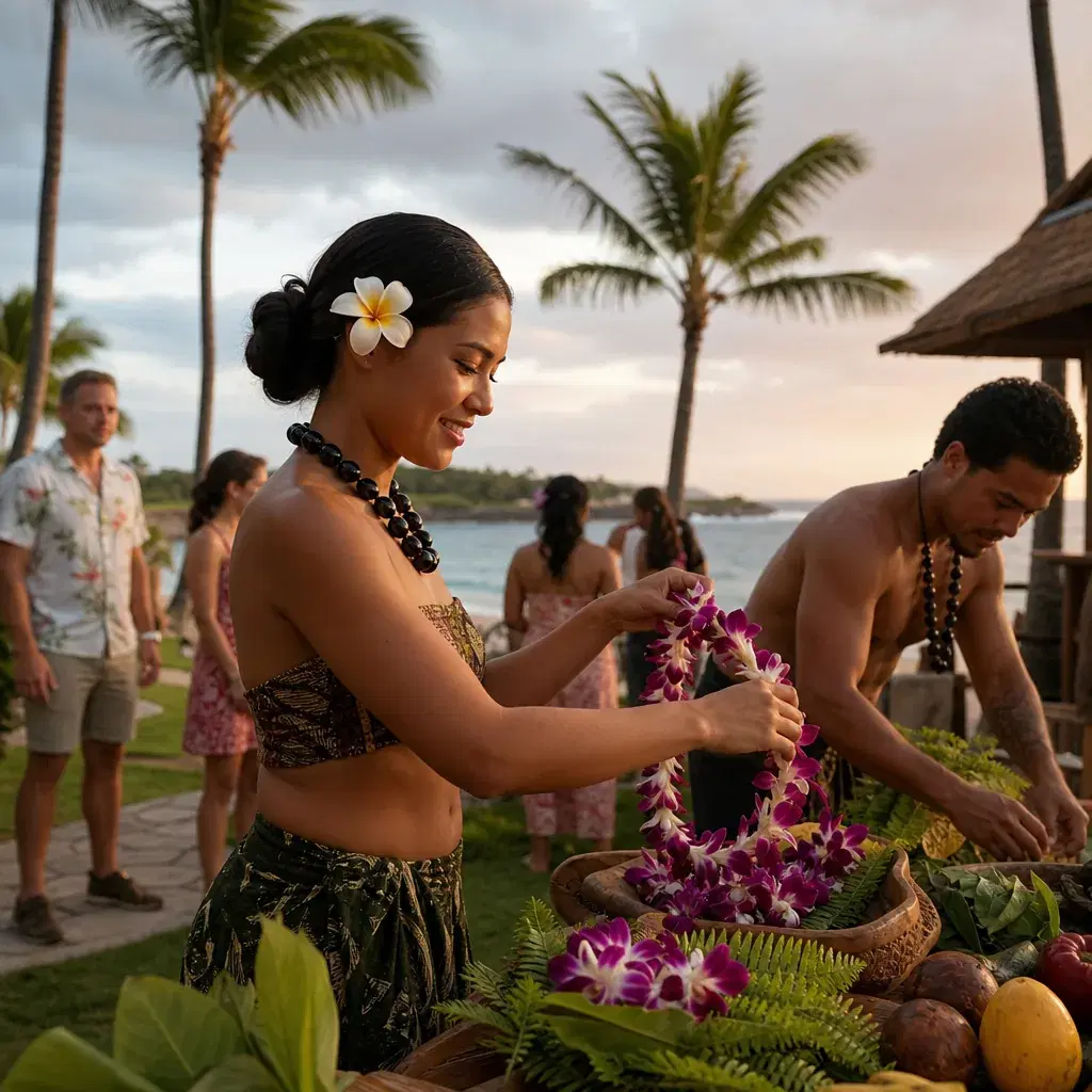 Realistic editorial photo of Hawaii resort scene showing a luau before checking quality, tropical beach setting, warm na