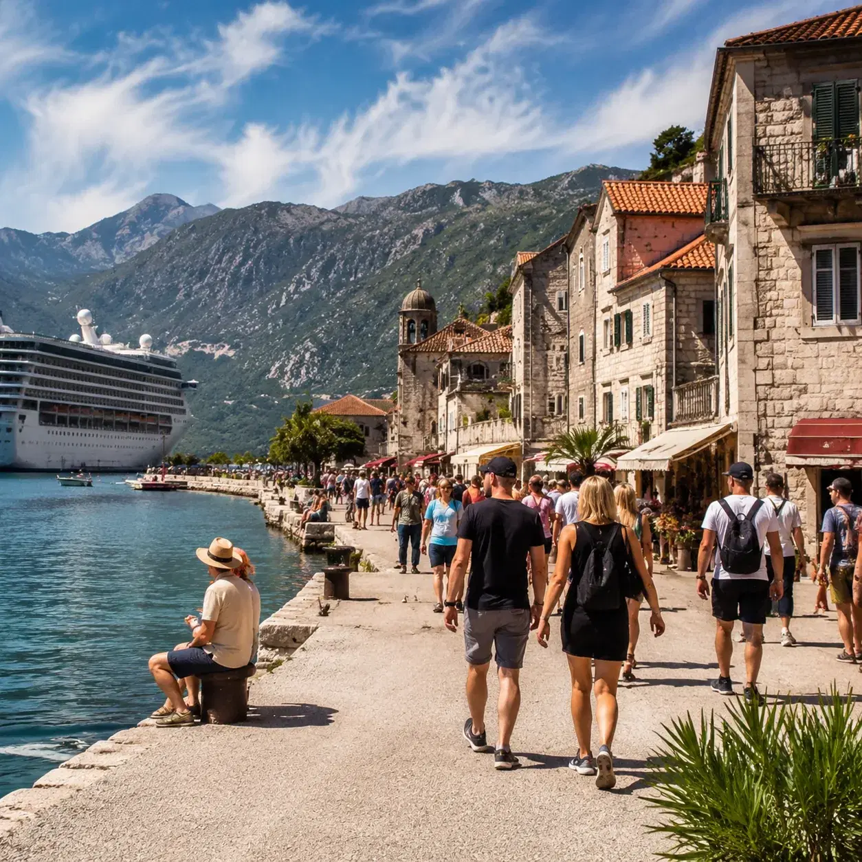 Realistic editorial photo of Kotor, Montenegro cruise port waterfront with visitors, local streets, and ship-day energy,