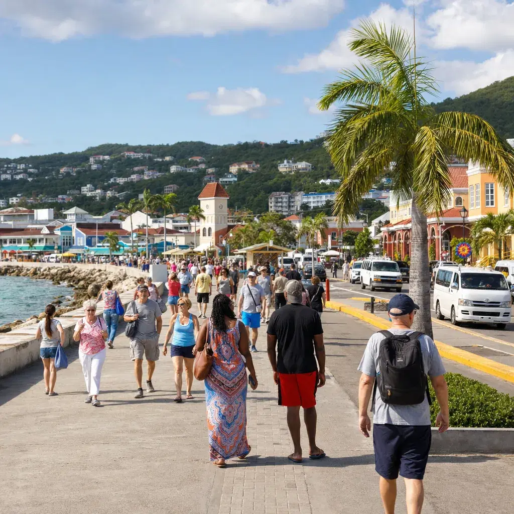 Realistic editorial photo of Montego Bay, Jamaica cruise port waterfront with visitors, local streets, and ship-day ener