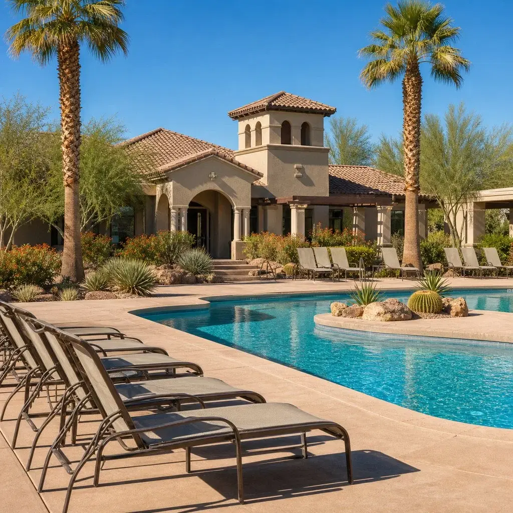 Fresh square editorial photo of an upscale Arizona retirement community pool area with empty loungers, desert landscaping, re