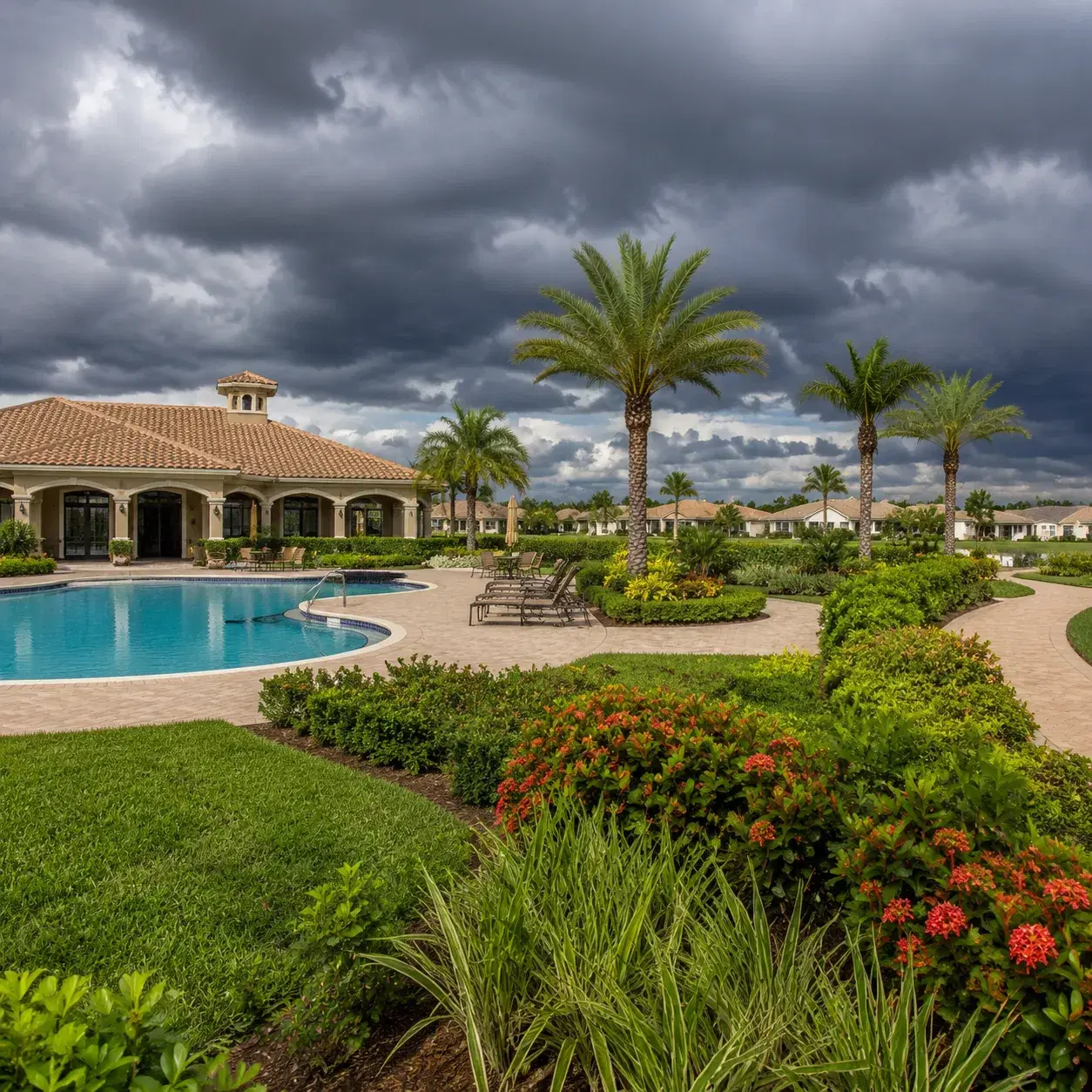 Realistic editorial photo of a Fort Myers active adult community with tropical landscaping, clubhouse pool area, storm c
