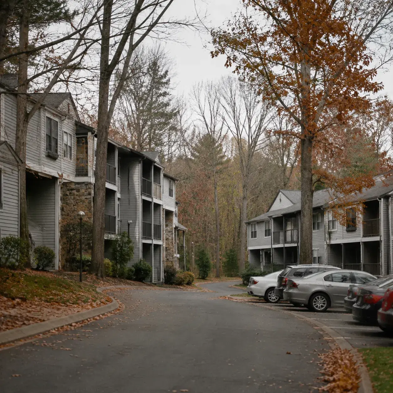 Realistic editorial photo of a Westchester senior condo community with older buildings, wooded paths, parked cars, and c