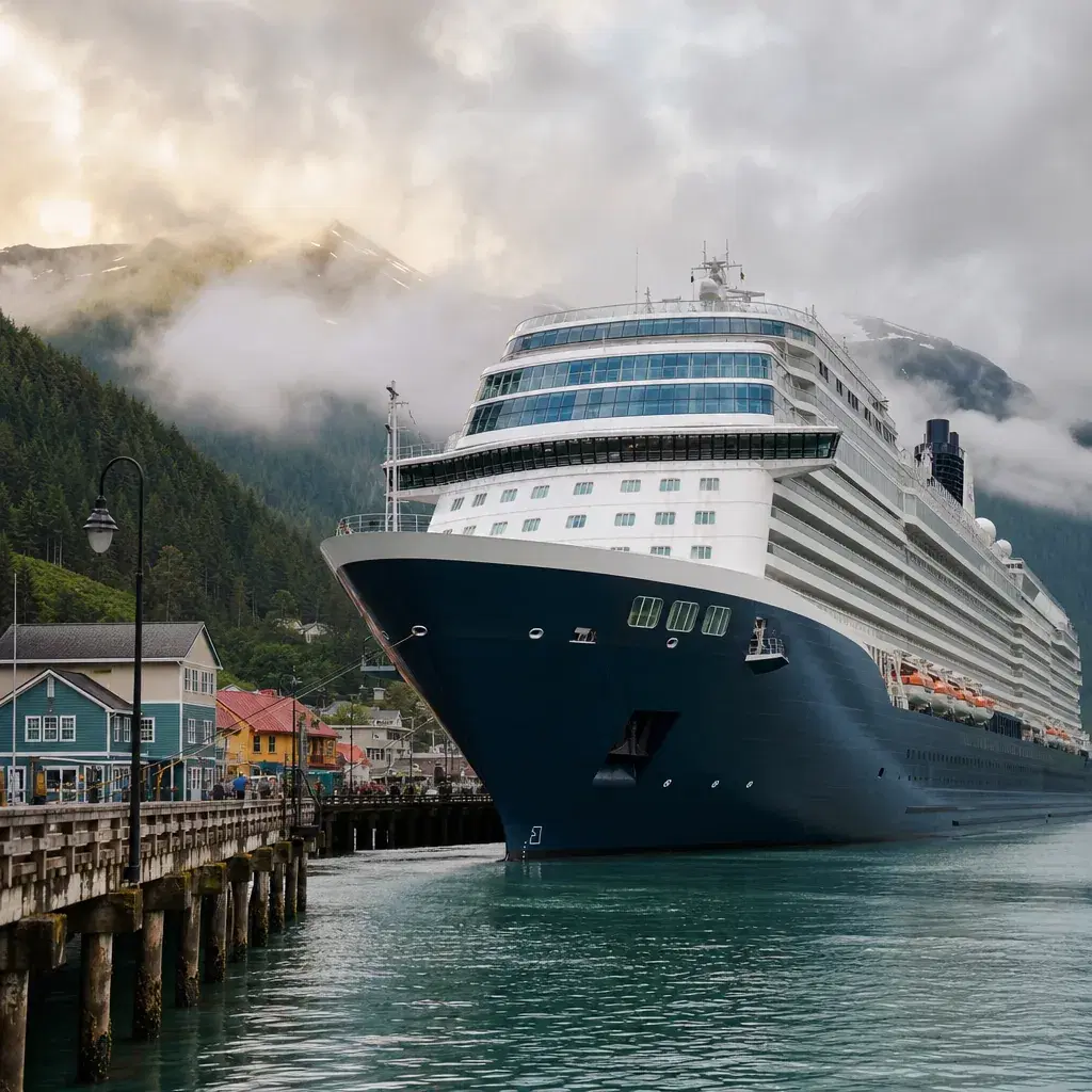 Realistic editorial photo of Alaska cruise scene showing mega-ship for small-port charm, misty mountains and ship detail