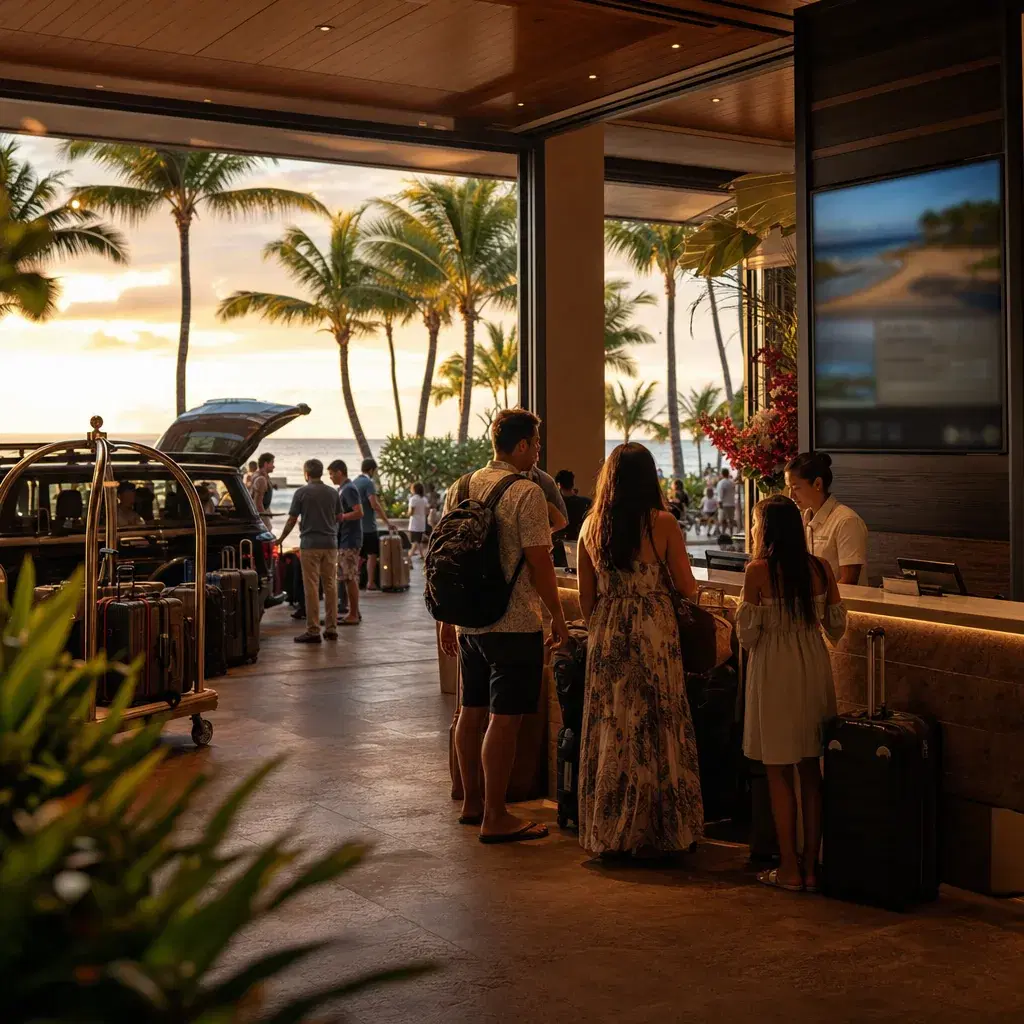 Realistic editorial photo of Hawaii resort scene showing holiday surge pricing, tropical beach setting, warm natural lig