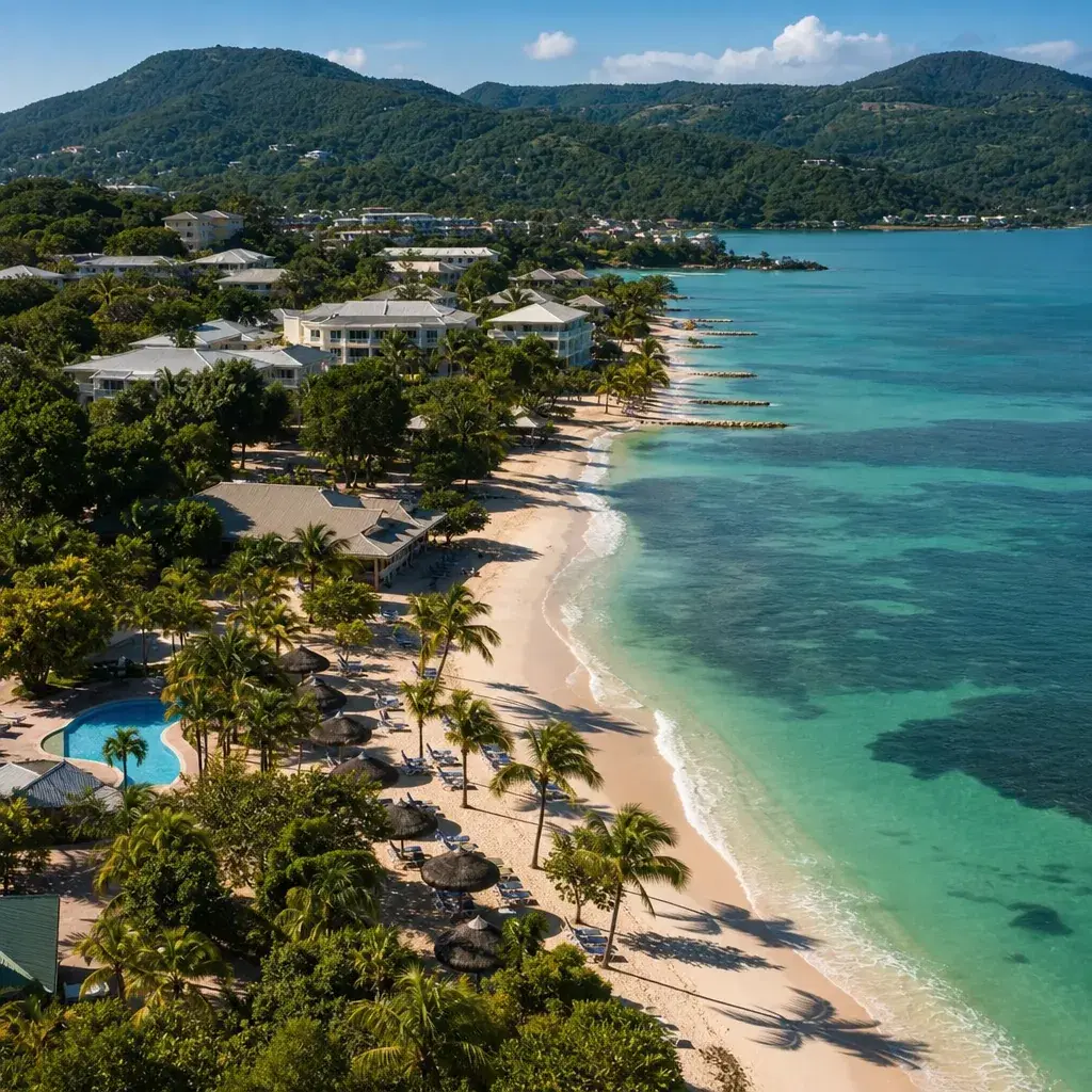 Realistic editorial photo of Jamaica all-inclusive resort scene showing resort with weak swim areas, beach and tropical