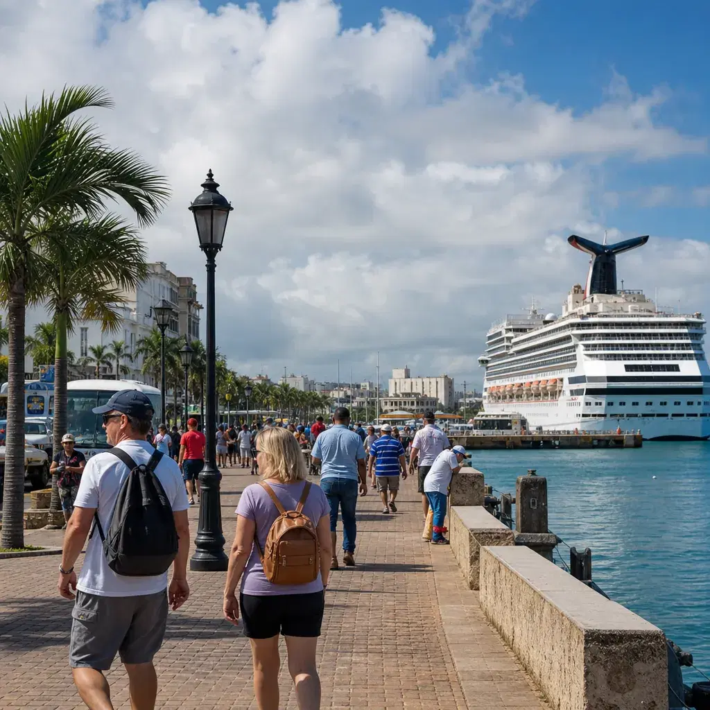 Realistic editorial photo of Santo Domingo, Dominican Republic cruise port waterfront with visitors, local streets, and