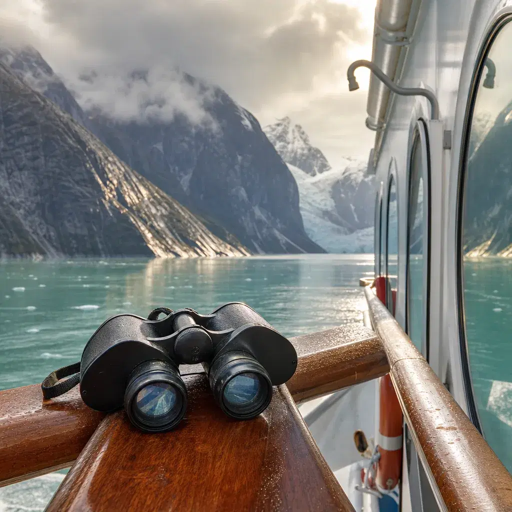 Realistic editorial photo of Alaska cruise scene showing binoculars, misty mountains and ship details, warm natural ligh