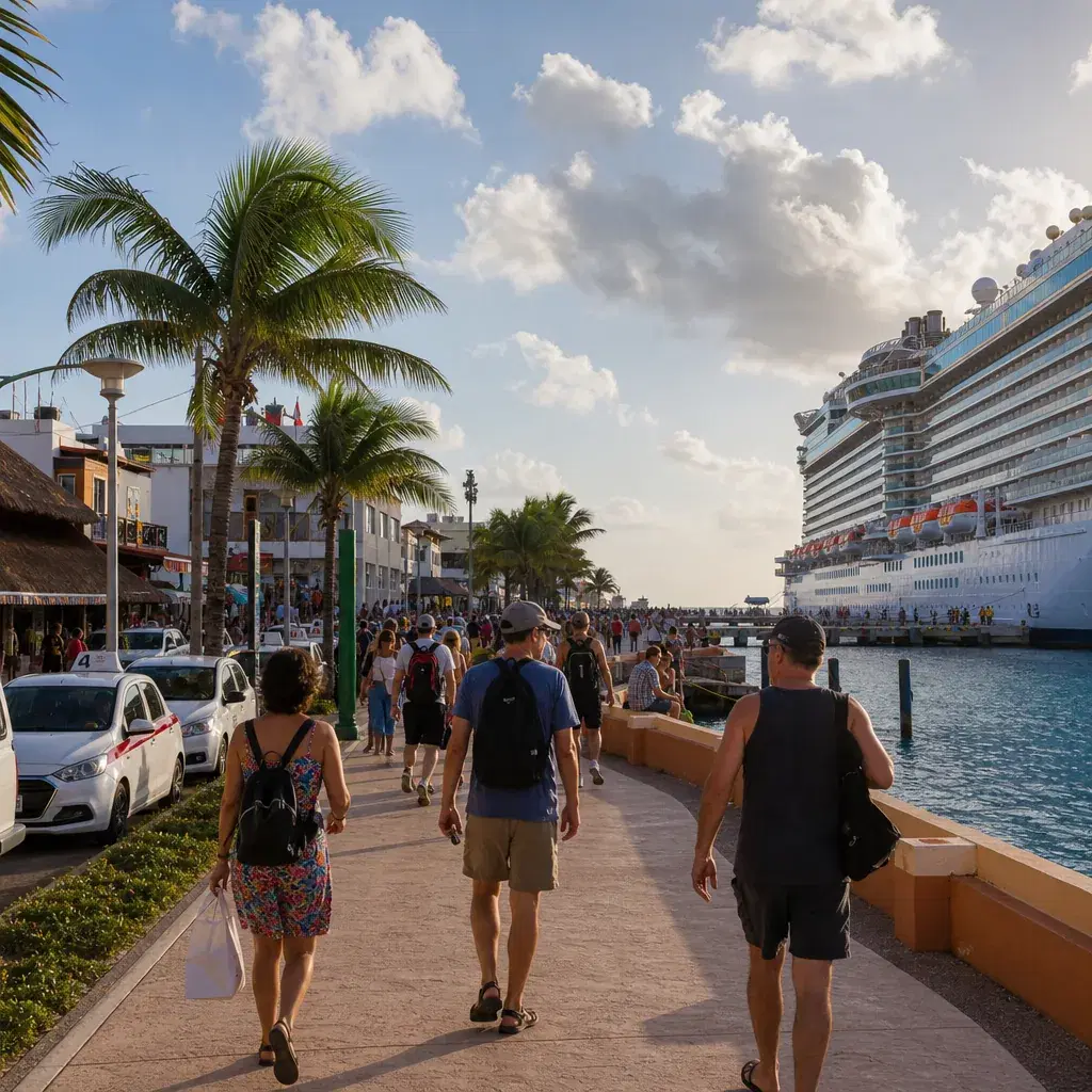 Realistic editorial photo of Cozumel, Mexico cruise port waterfront with visitors, local streets, and ship-day energy, w