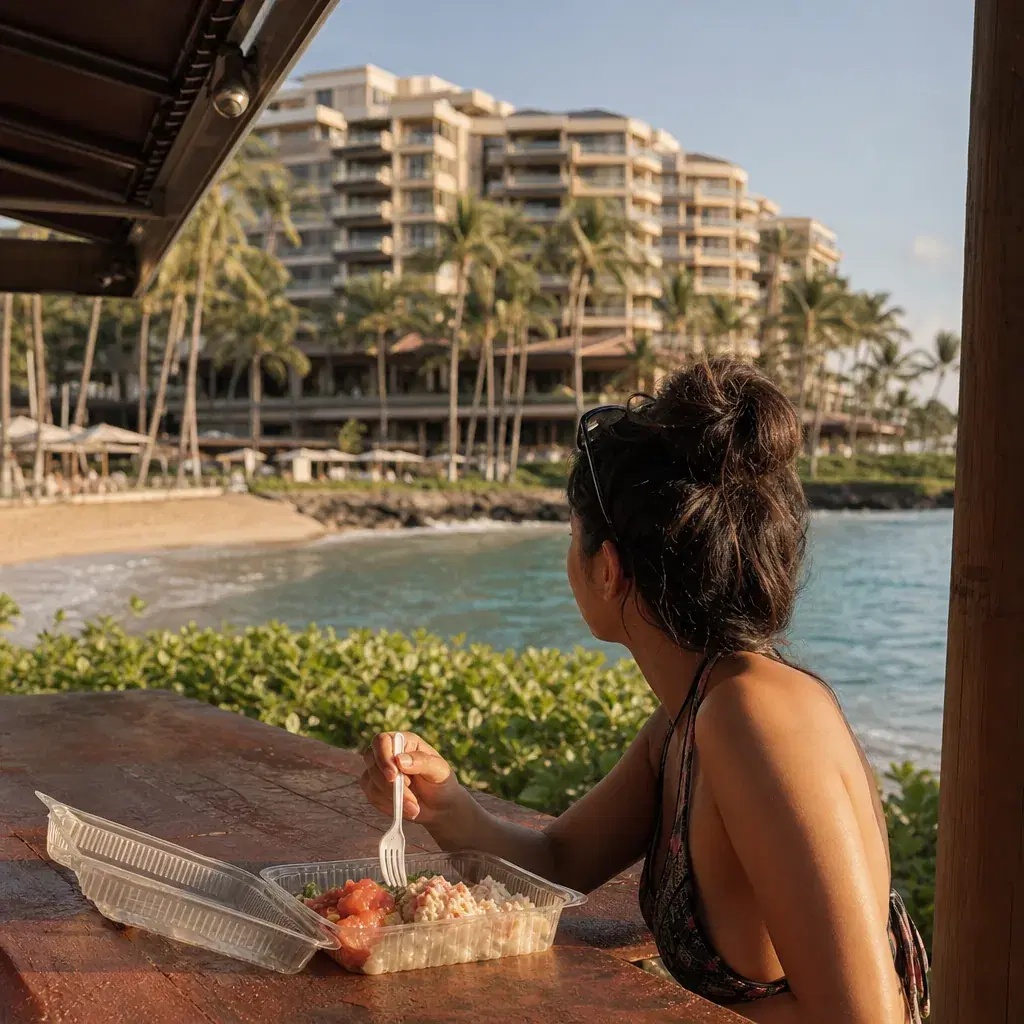 Realistic editorial photo of Hawaii resort scene showing cheap food near a luxury resort, tropical beach setting, warm n