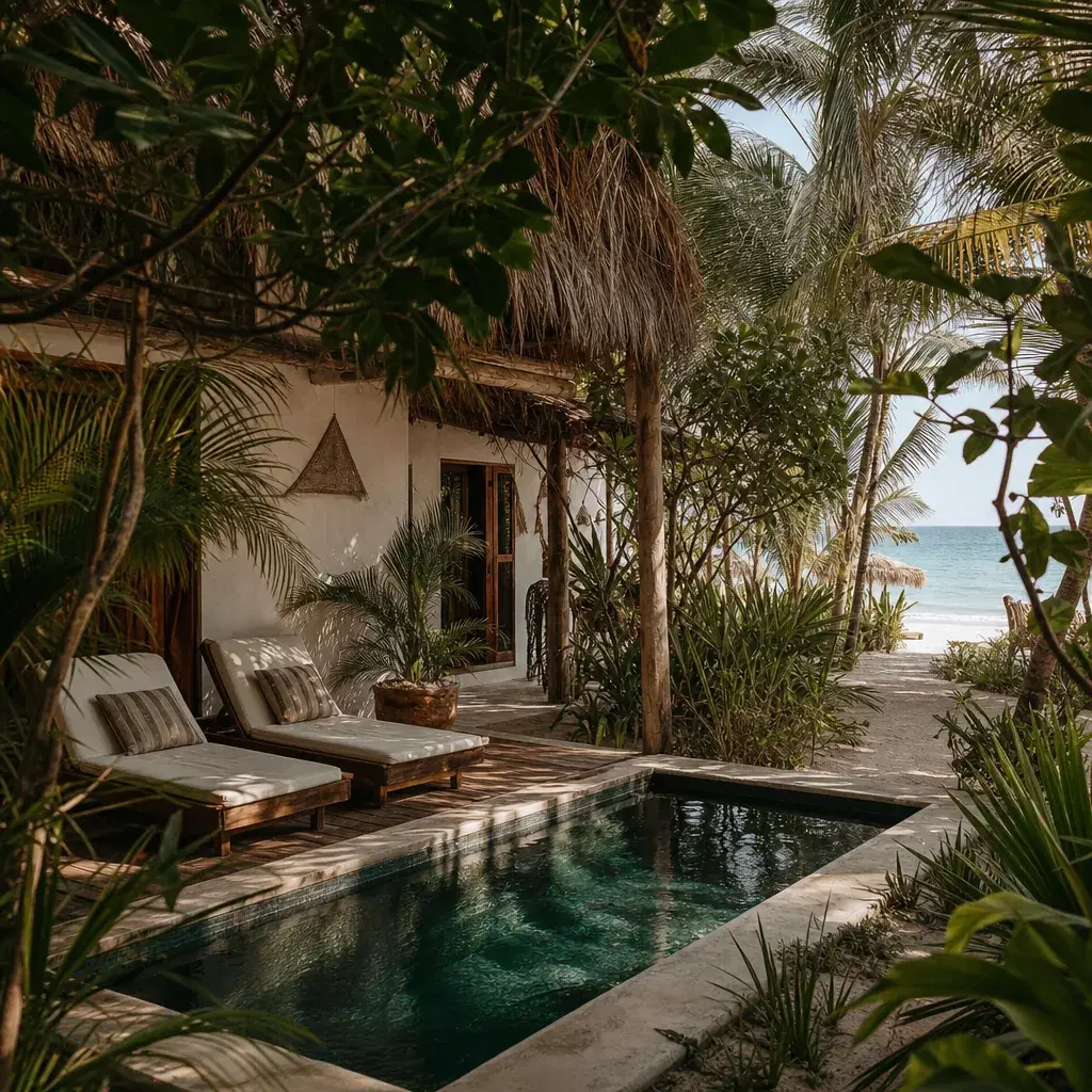 Realistic editorial photo of Mexico resort scene showing boutique jungle resort without an ac reality check, beach resor