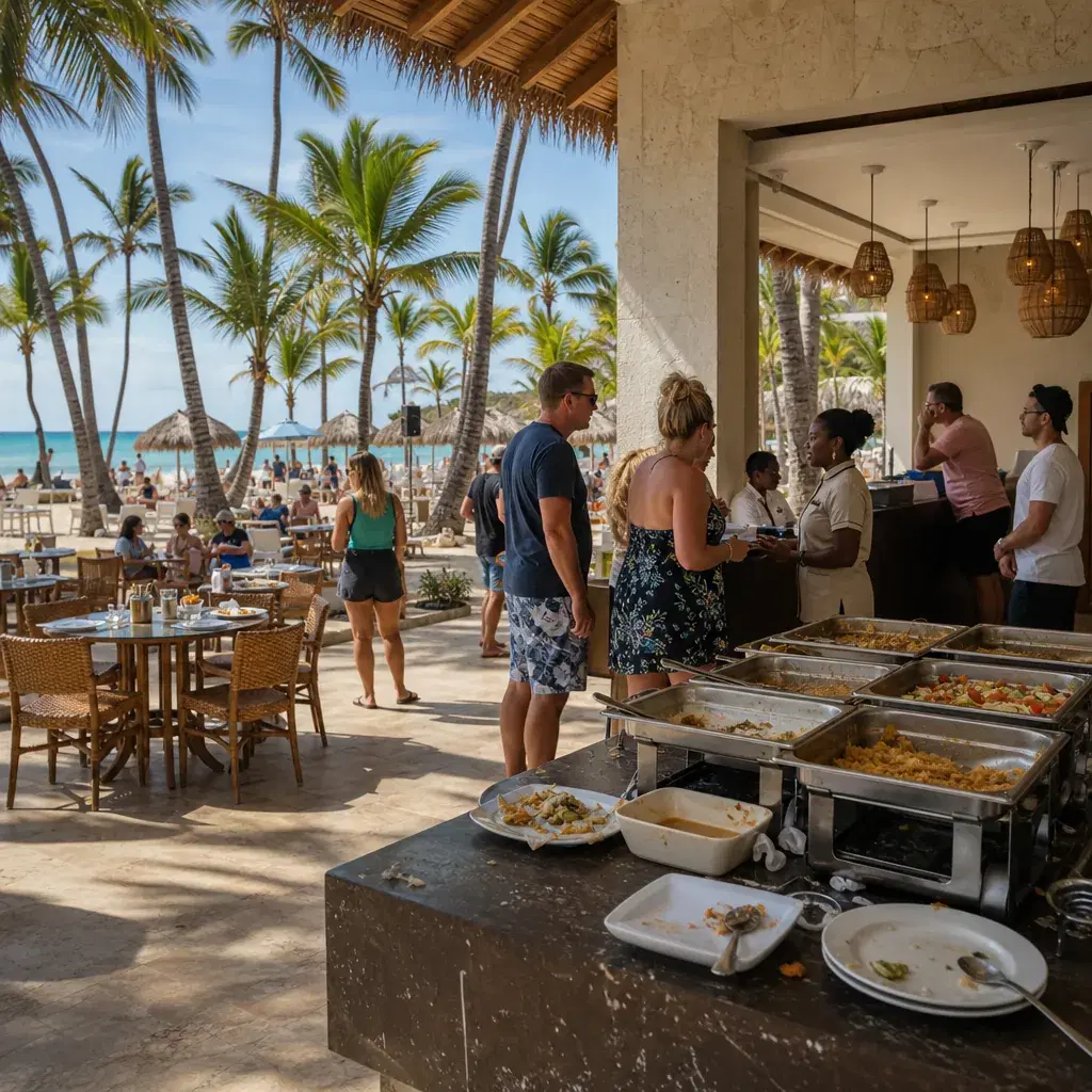 Realistic editorial photo of Punta Cana all-inclusive resort scene showing recent buffet and reservation complaints, pal