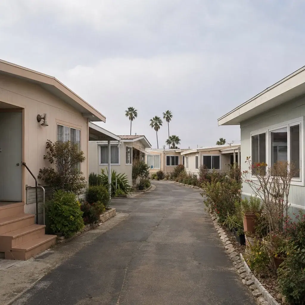 Fresh square editorial photo of an older Southern California retirement community with aging mid-century buildings, narrow st