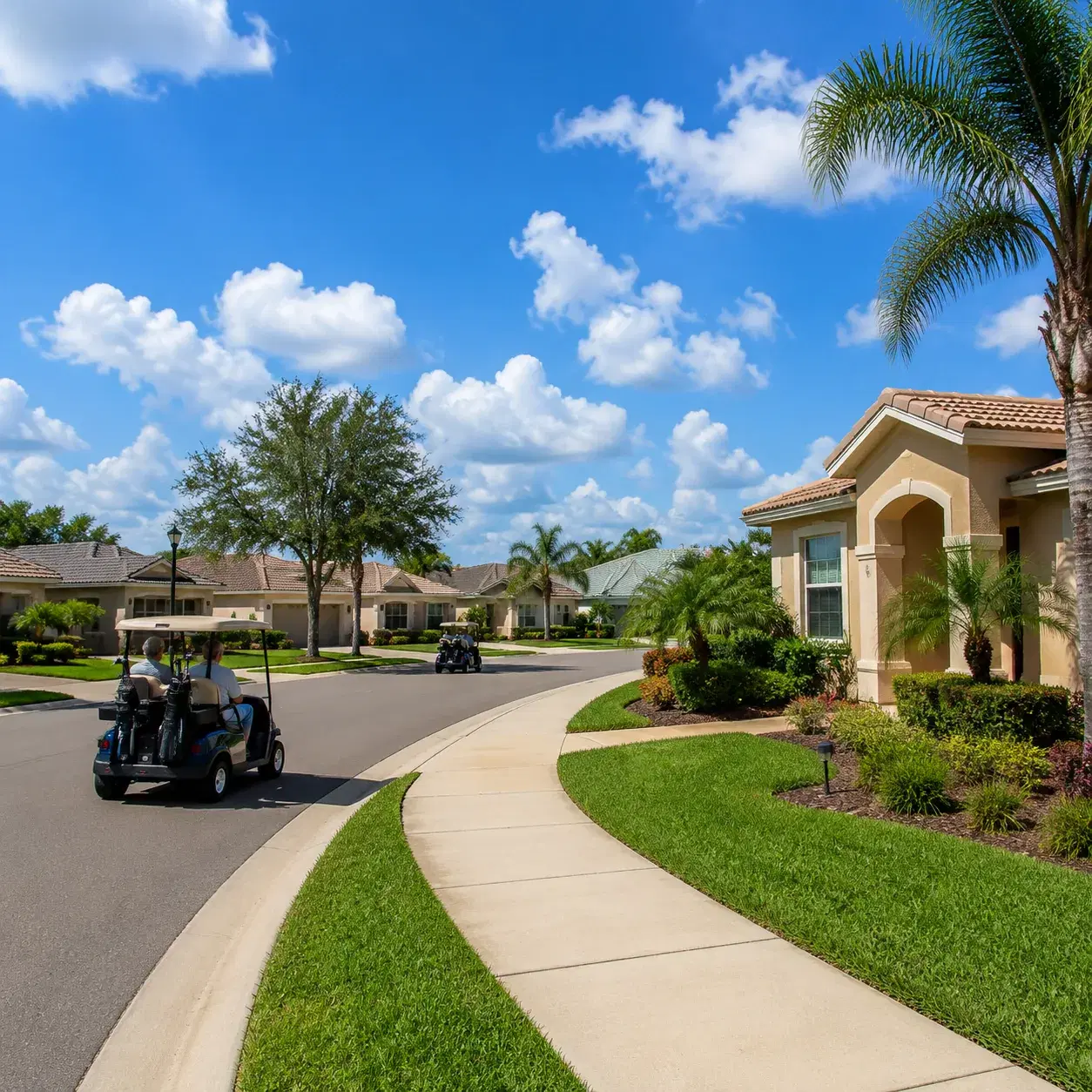 Realistic editorial photo of a newer Ocala active adult neighborhood with fresh stucco homes, sidewalks, golf carts, and