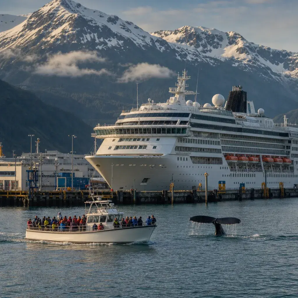 Realistic editorial photo of Alaska cruise scene showing whale watching in the wrong port, misty mountains and ship deta