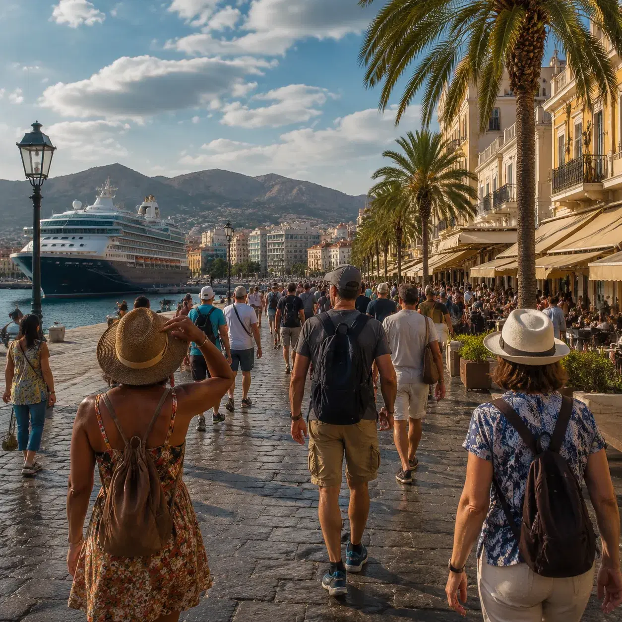 Realistic editorial photo of Athens Or Piraeus, Greece cruise port waterfront with visitors, local streets, and ship-day