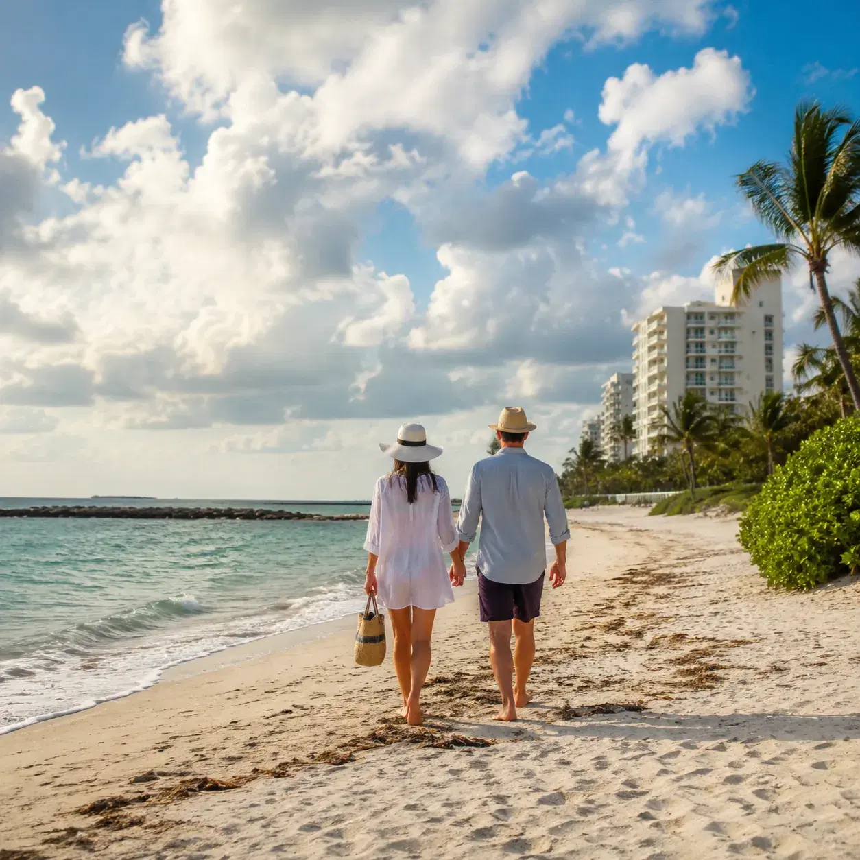Realistic editorial photo of Florida beach vacation scene showing hurricane season flexibility, bright coastal setting, 