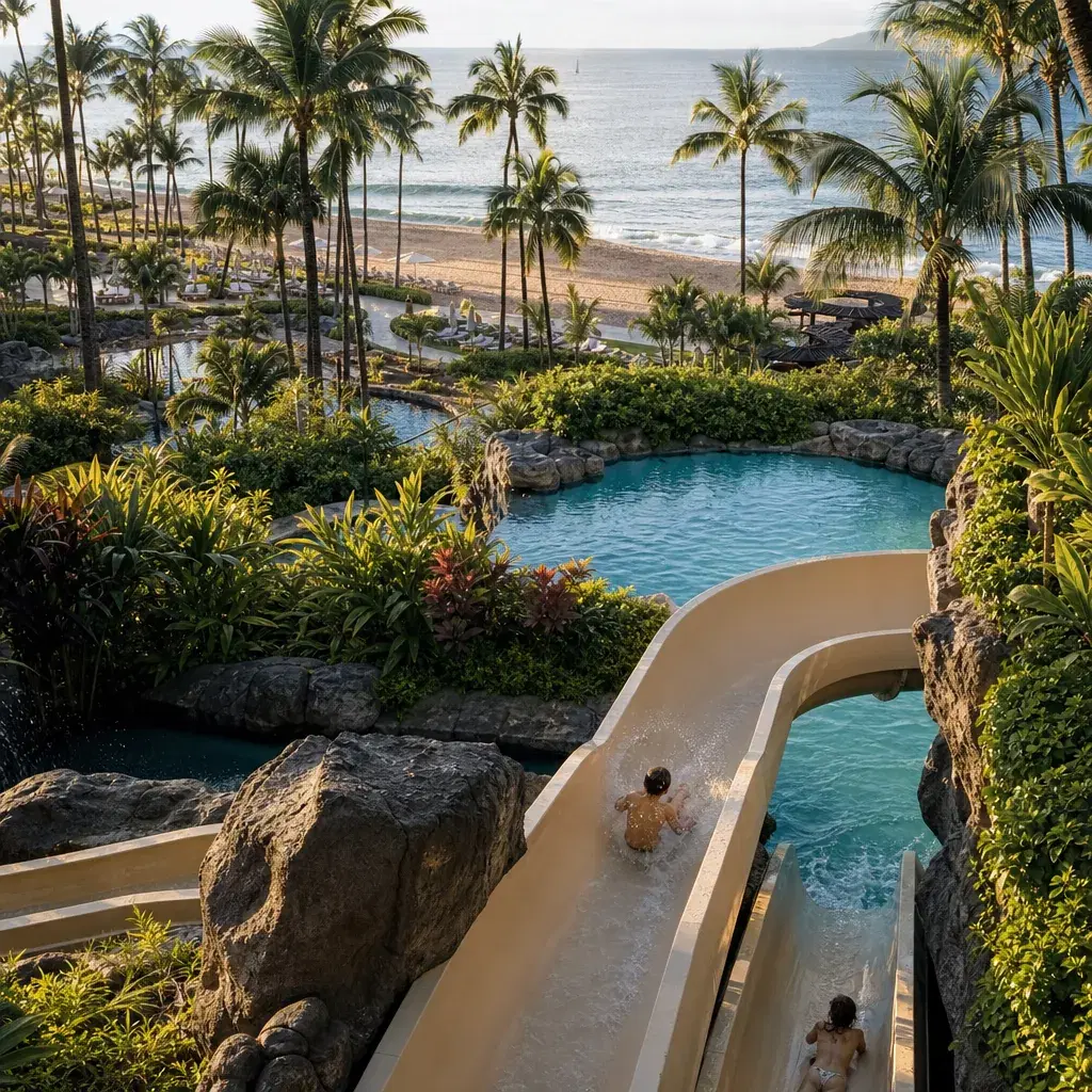 Realistic editorial photo of Hawaii resort scene showing resort based on pool slides alone, tropical beach setting, warm