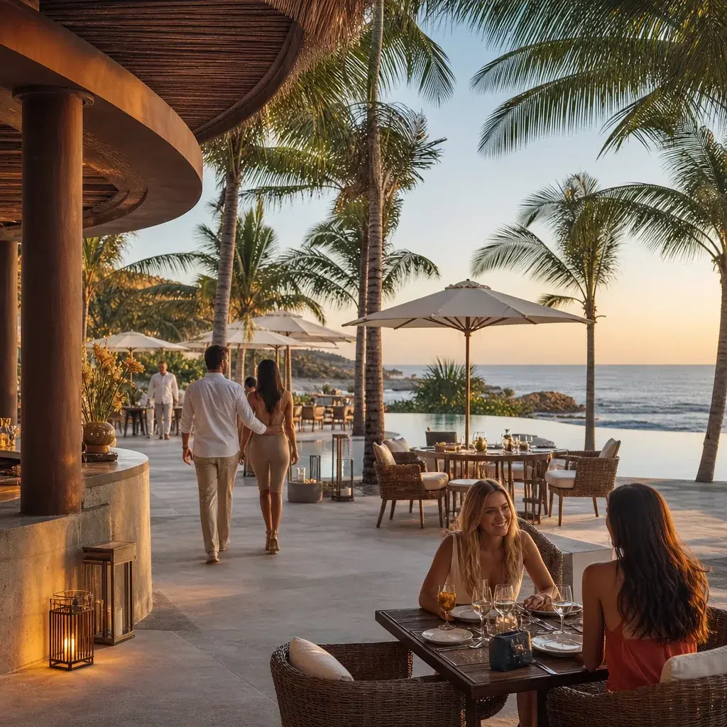 Realistic editorial photo of Mexico resort scene showing all-inclusive where restaurants need reservations, beach resort