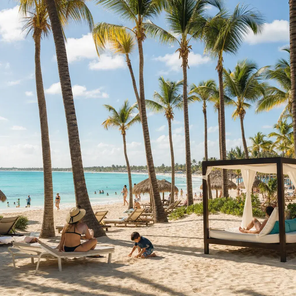 Realistic editorial photo of Punta Cana all-inclusive resort scene showing family resort during school breaks, palms and