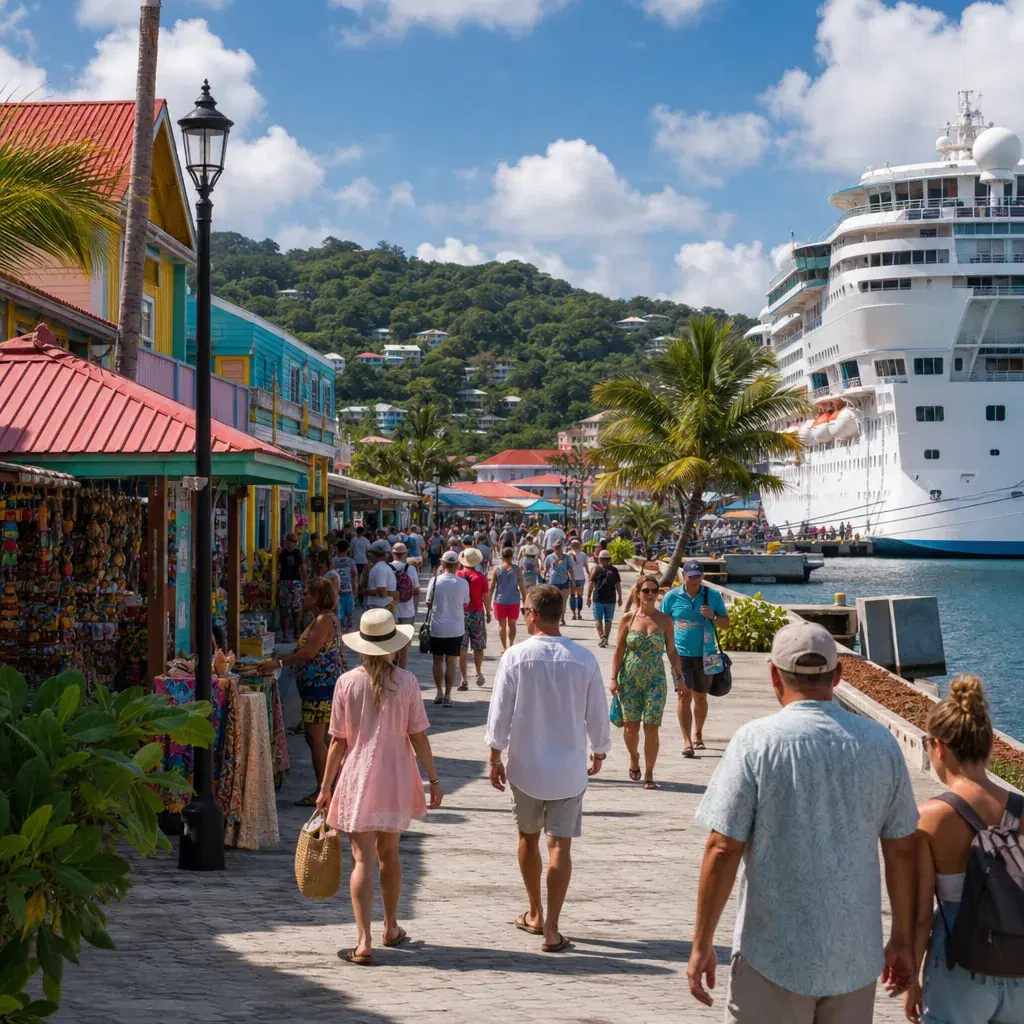 Realistic editorial photo of Roatan, Honduras cruise port waterfront with visitors, local streets, and ship-day energy,