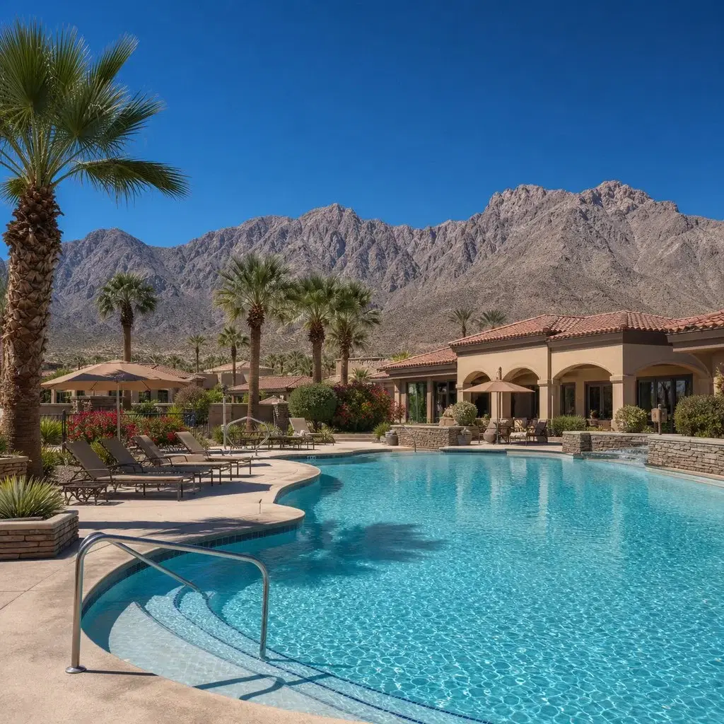Fresh square editorial photo of a luxury retirement community pool in the California desert with stark mountains, empty loung