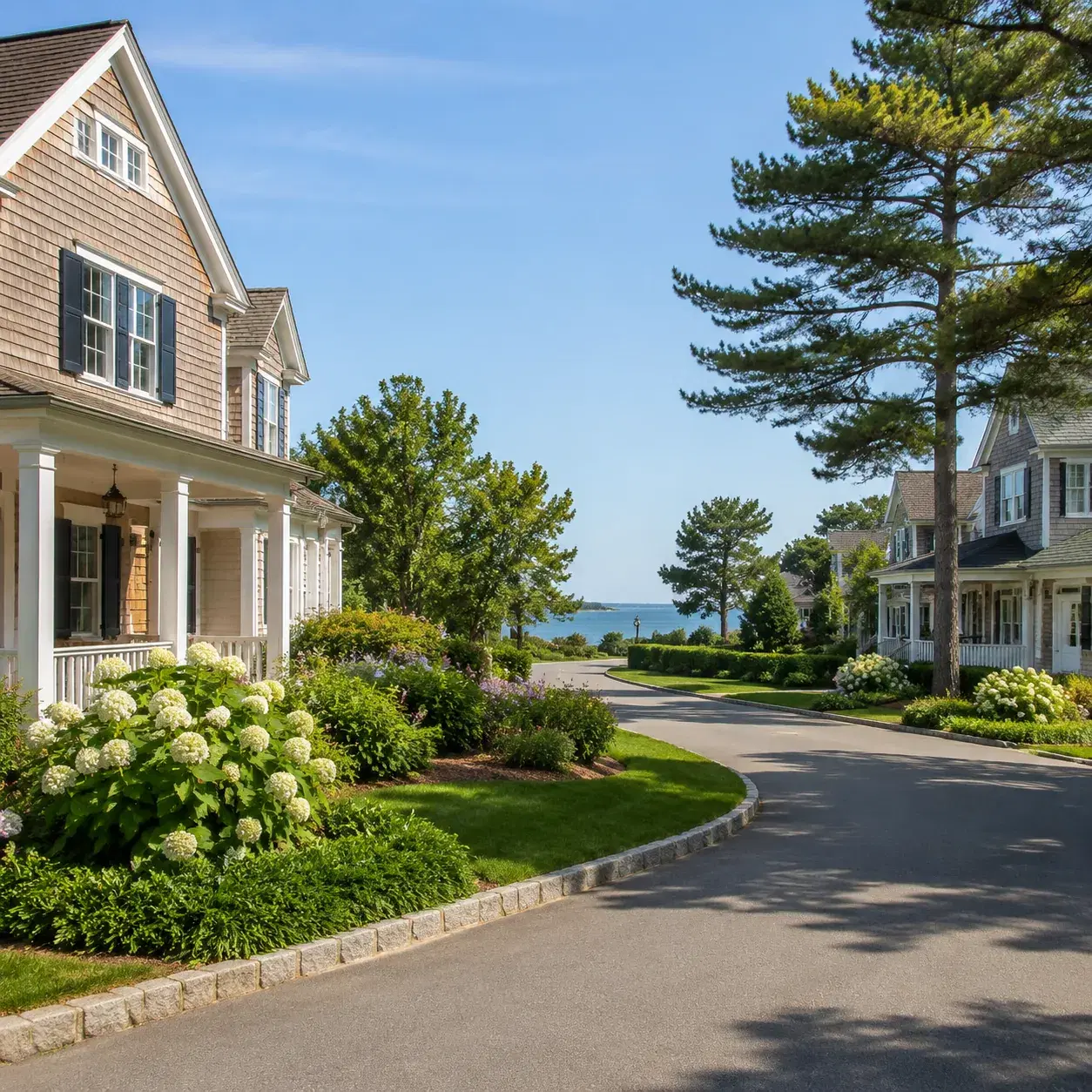 Realistic editorial photo of a polished East End Long Island 55 plus community with shingled homes, pine trees, luxury l