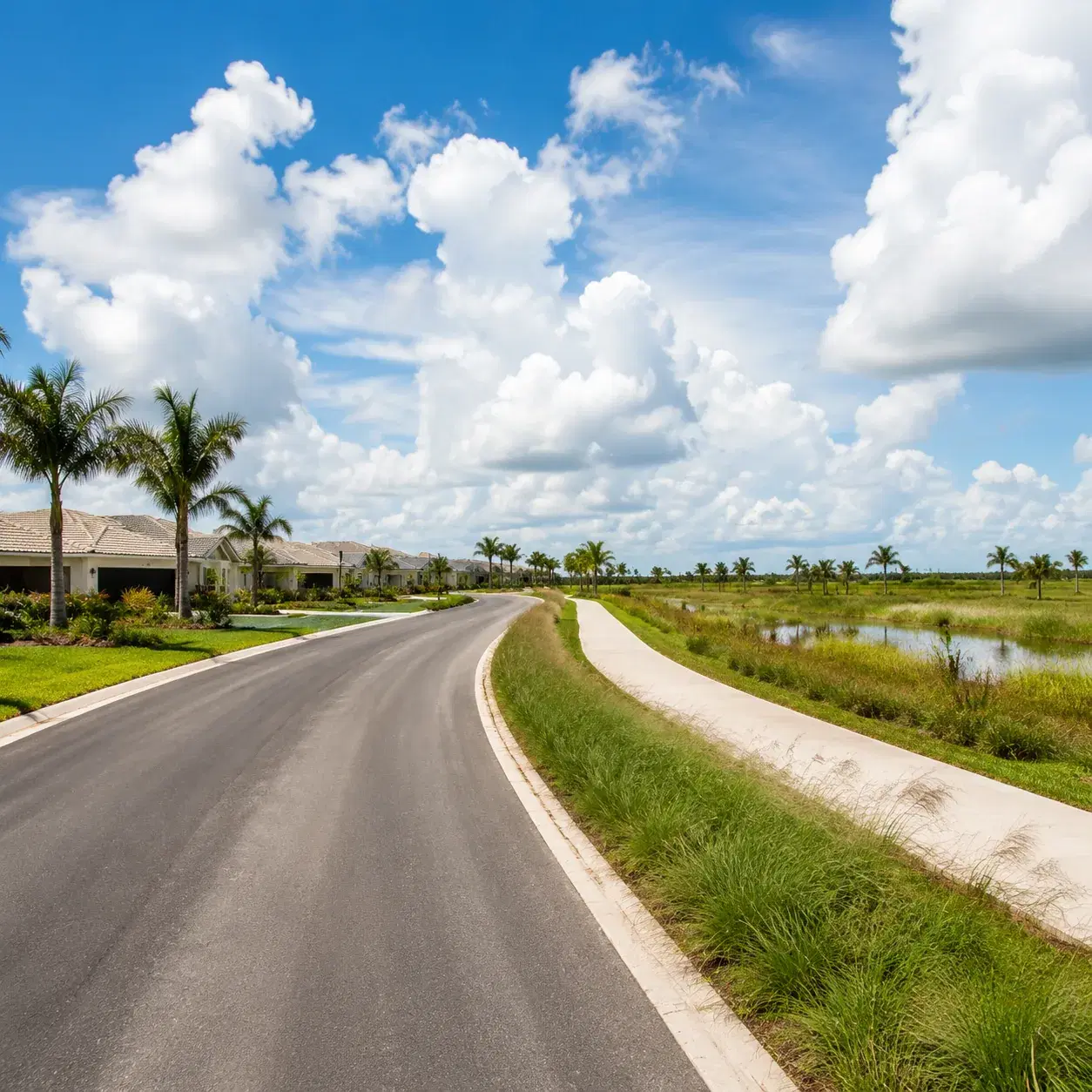 Realistic editorial photo of a remote Southwest Florida active adult community road with new homes, flat wetlands, golf 