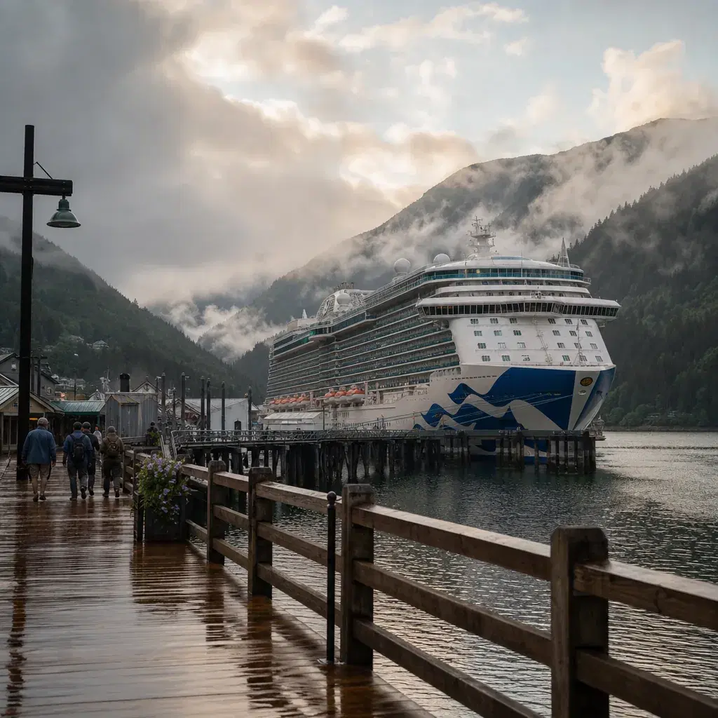 Realistic editorial photo of Alaska cruise scene showing juneau like a quick walkaround stop, misty mountains and ship d