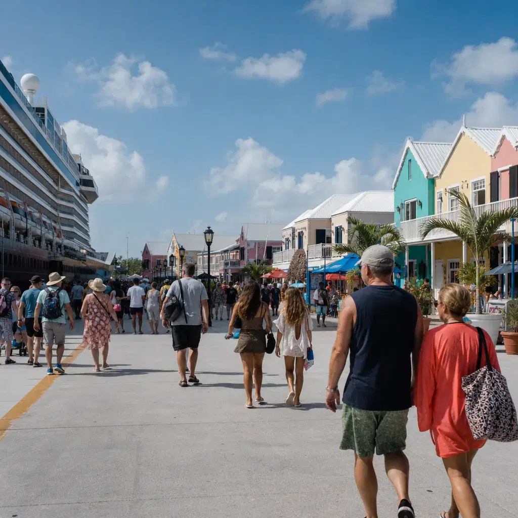 Realistic editorial photo of Grand Turk, Turks And Caicos cruise port waterfront with visitors, local streets, and ship-