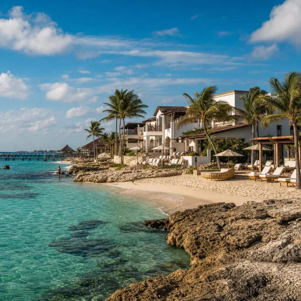 Realistic editorial photo of Mexico resort scene showing cozumel when you do not care about reefs, beach resort setting,
