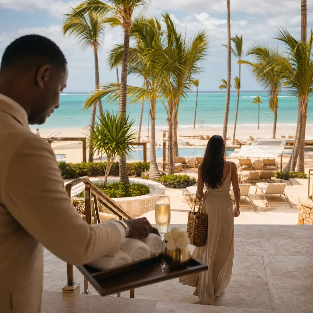 Realistic editorial photo of Punta Cana all-inclusive resort scene showing extra for a club level with thin perks, palms