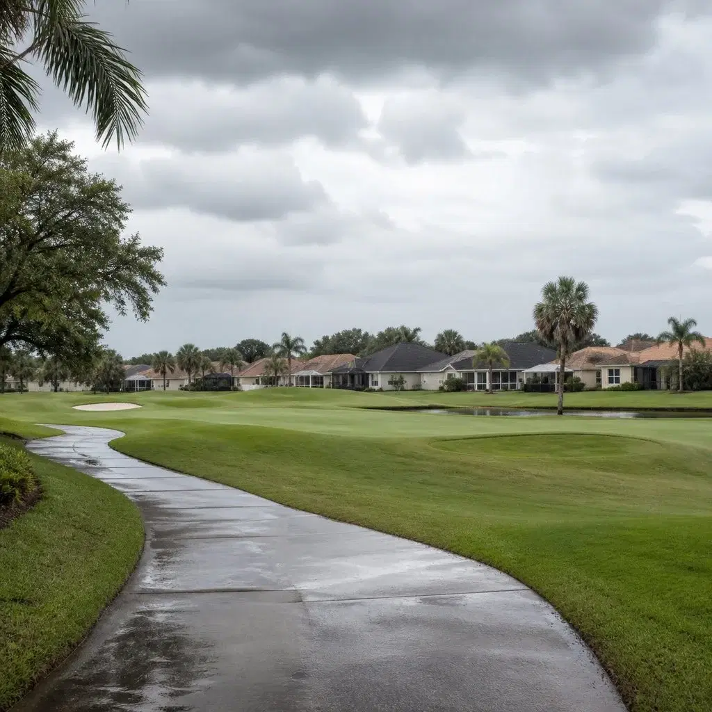 Fresh square editorial photo of a Central Florida retirement community golf course after rain with grey sky, wet grass, cart 