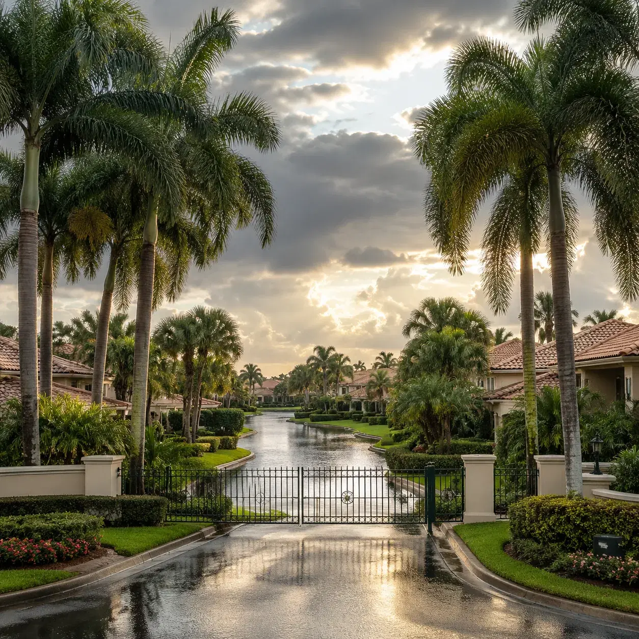 Realistic editorial photo of a Bonita Springs gated community with canals, tile-roof homes, palms, and wet pavement afte