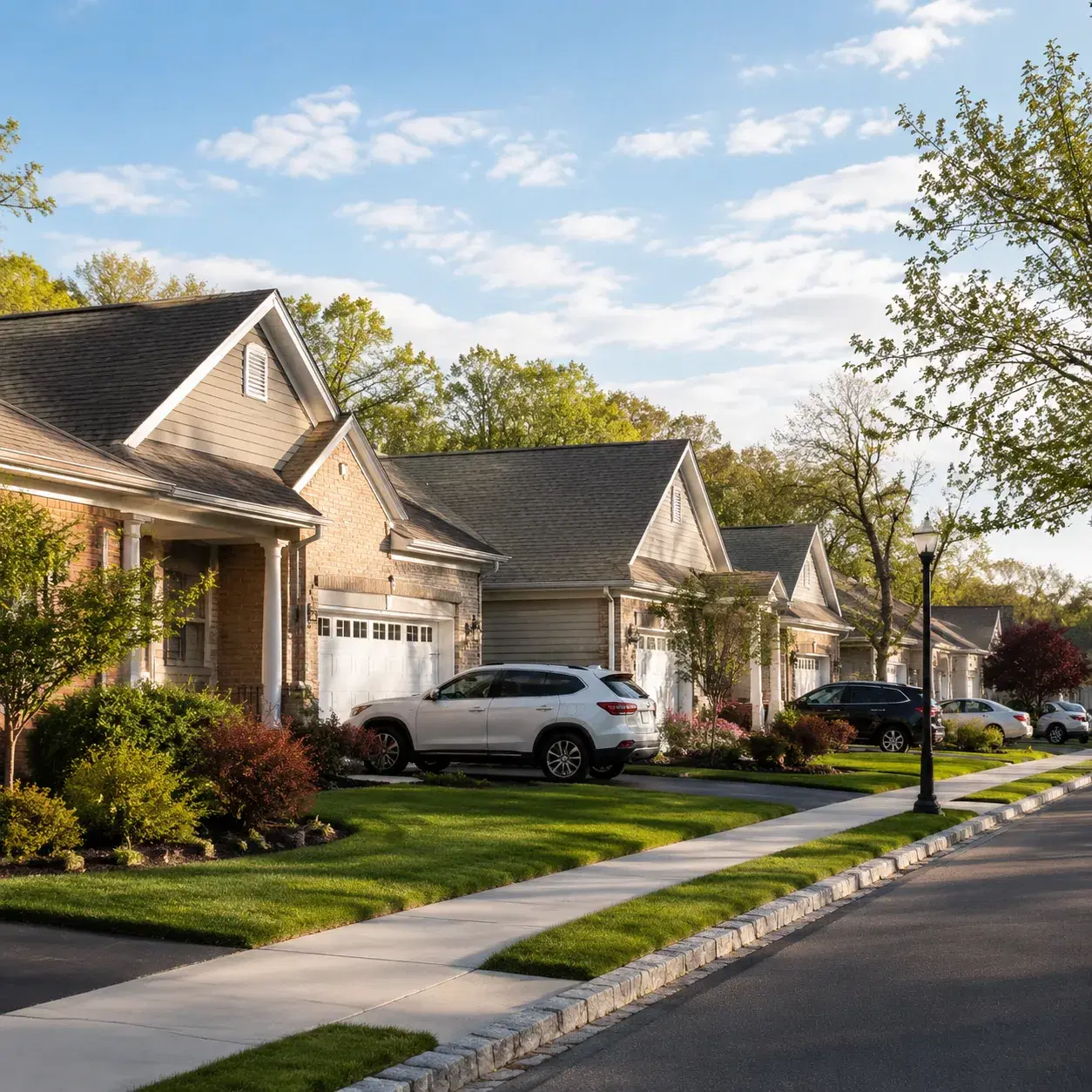 Realistic editorial photo of a Central New Jersey active adult neighborhood with single-family homes, neat lawns, parked