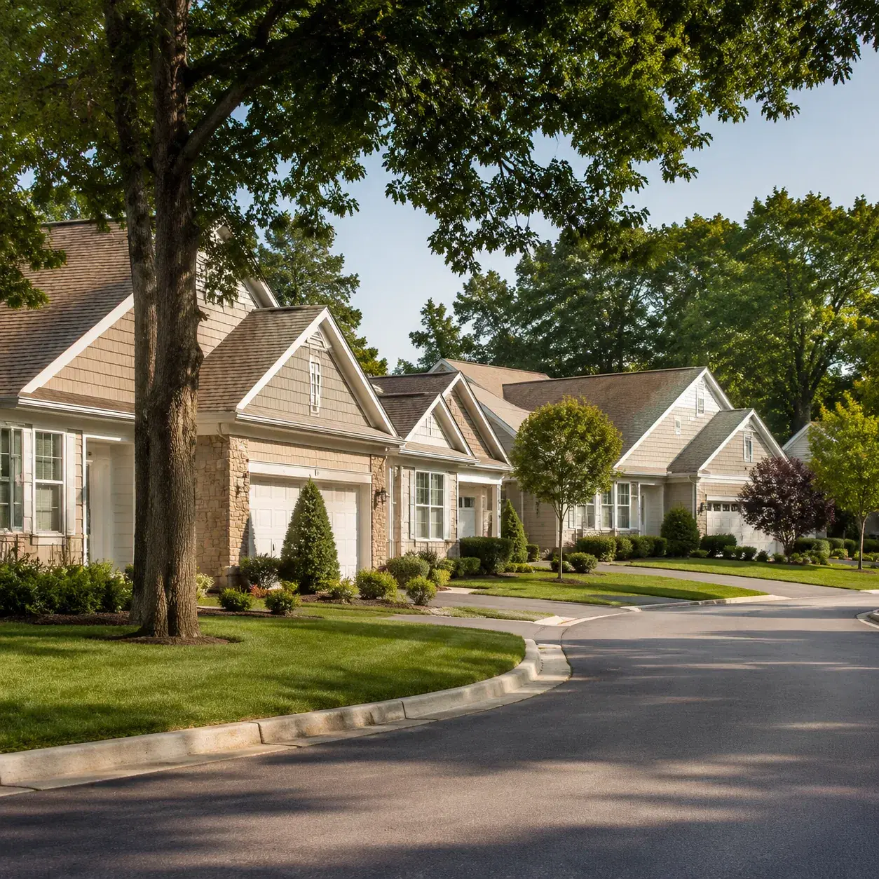 Realistic editorial photo of a Suffolk County active adult community with attached homes, mature trees, quiet roads, and