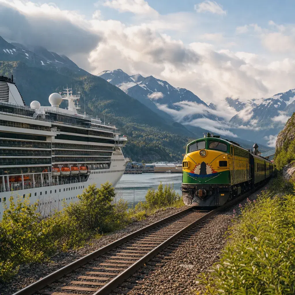 Realistic editorial photo of Alaska cruise scene showing train in skagway until it sells out, misty mountains and ship d