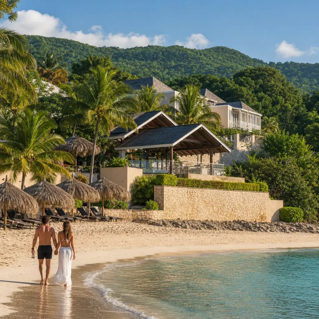 Realistic editorial photo of Jamaica all-inclusive resort scene showing club level without restaurant priority, beach an