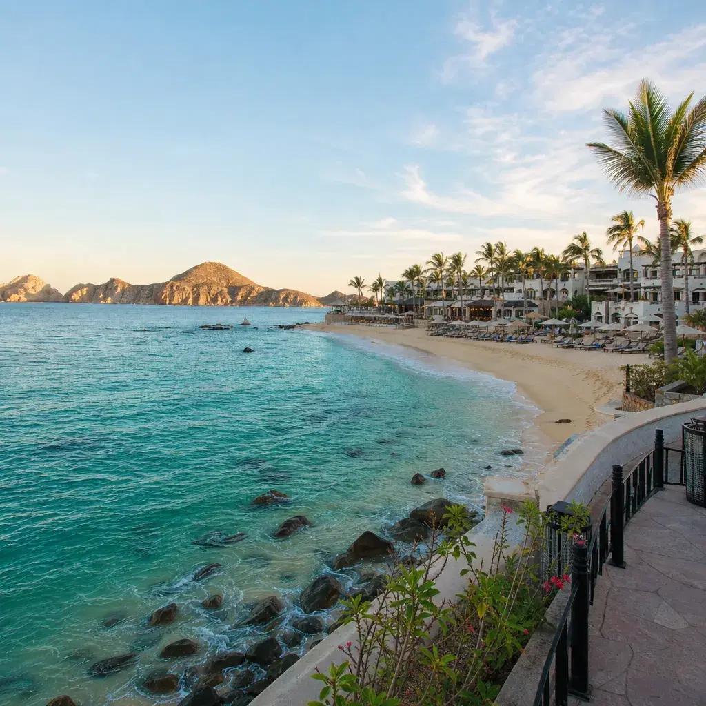 Realistic editorial photo of Mexico resort scene showing los cabos for caribbean-style water, beach resort setting, warm