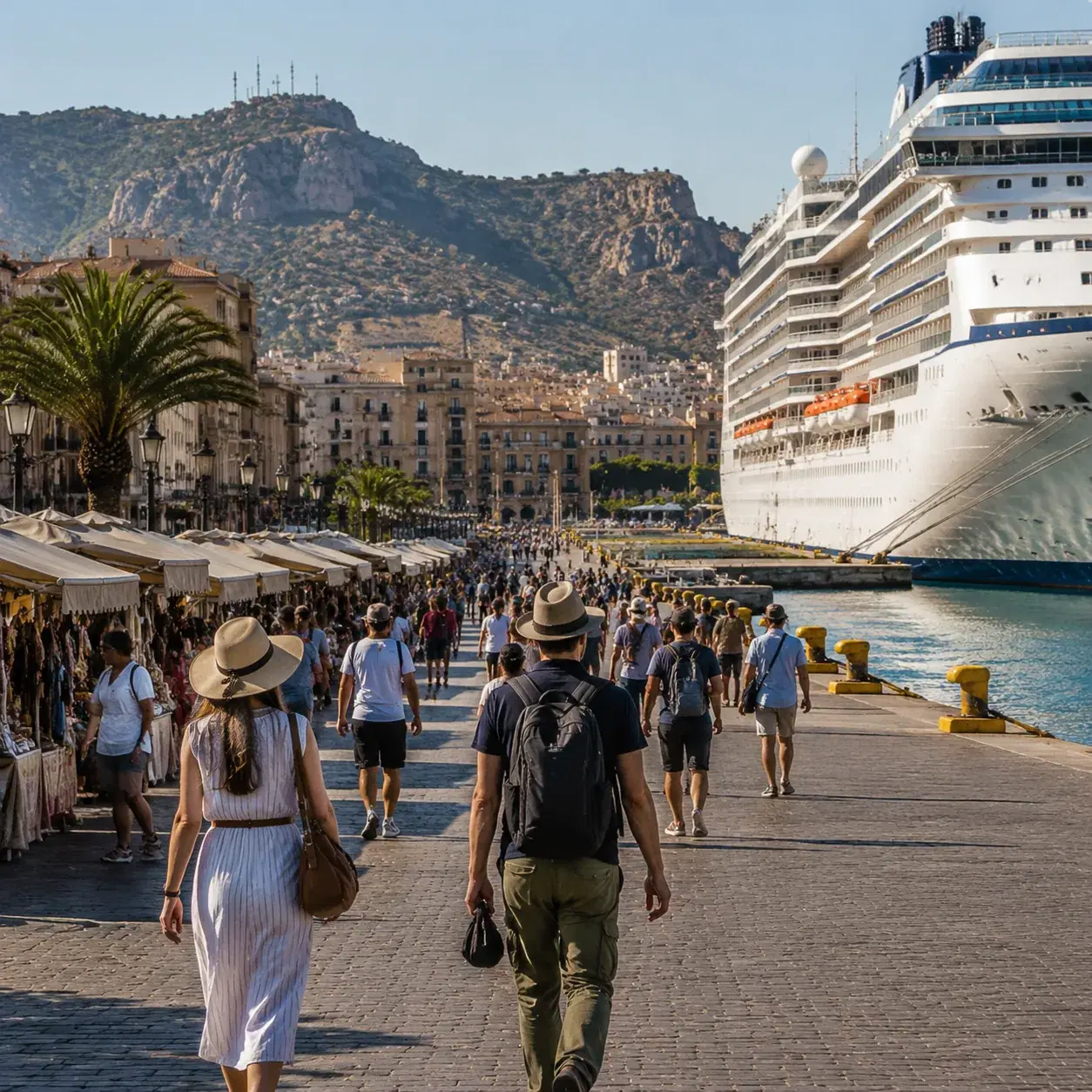 Realistic editorial photo of Palermo, Sicily cruise port waterfront with visitors, local streets, and ship-day energy, w