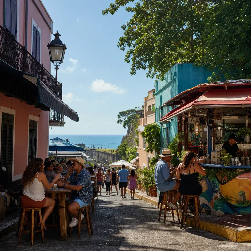 Realistic editorial photo of Puerto Rico travel scene showing kioskos and casual food hubs, colorful streets and coastli