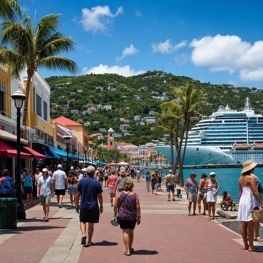 Realistic editorial photo of St. Thomas, U.S. Virgin Islands cruise port waterfront with visitors, local streets, and sh