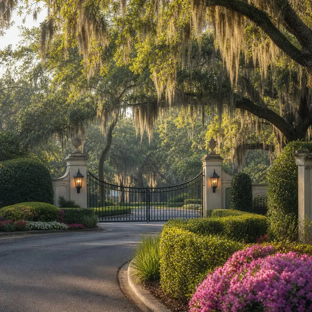 Fresh square editorial photo of a retirement community entrance in South Carolina Lowcountry with Spanish moss, humid morning