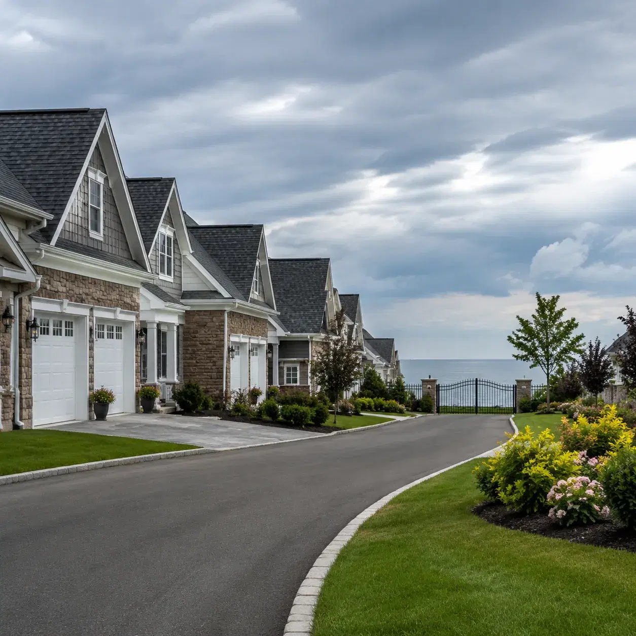 Realistic editorial photo of a Long Island gated active adult townhouse community with attached garages, neat lawns, and