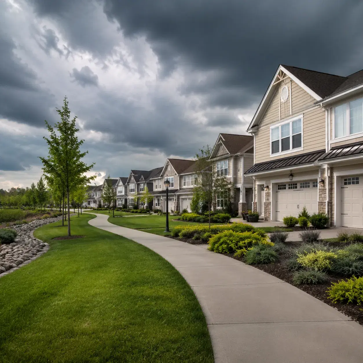 Realistic editorial photo of a Somerset New Jersey active adult community with townhomes, walking paths, stormy sky, and