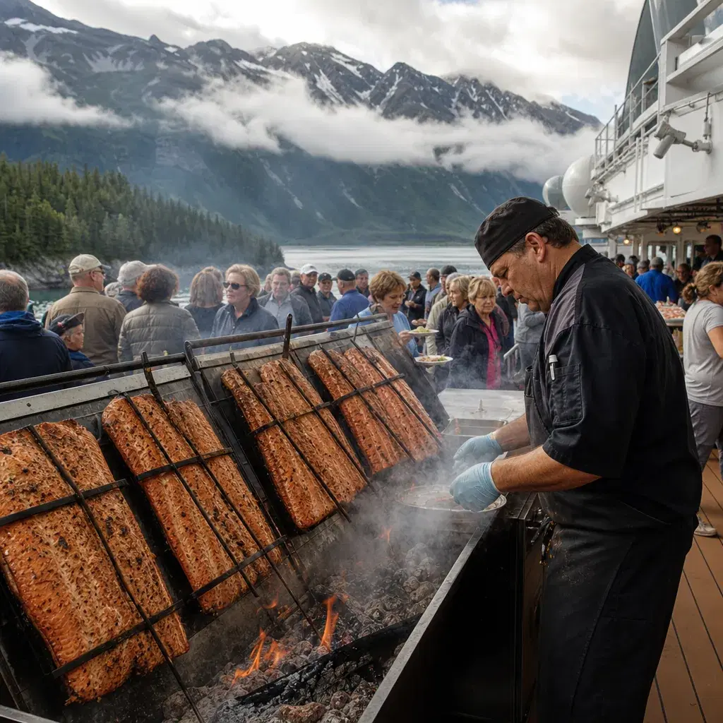 Realistic editorial photo of Alaska cruise scene showing generic salmon bakes, misty mountains and ship details, warm na