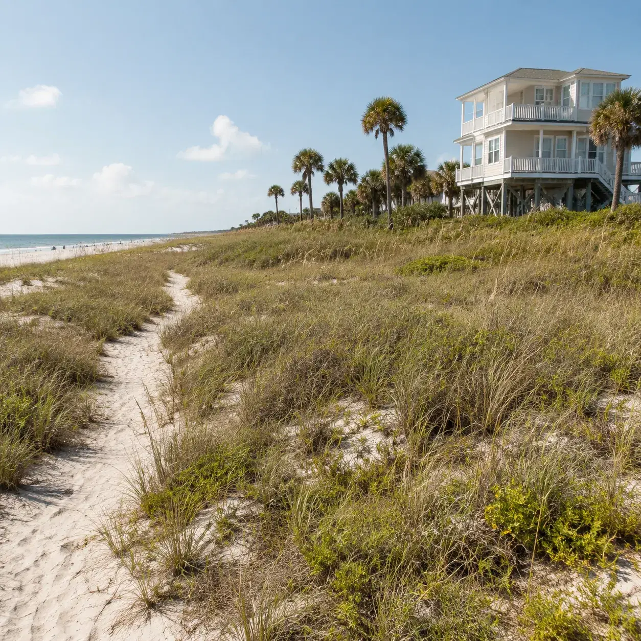 Realistic editorial photo of Florida beach vacation scene showing beach house too far from the water, bright coastal set